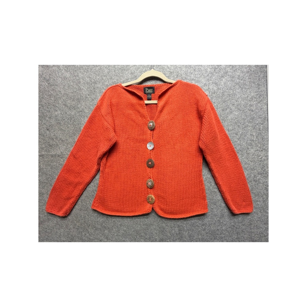 Pure Handknit Orange Cotton Cardigan Sweater Artisan Button Front Womens M/L